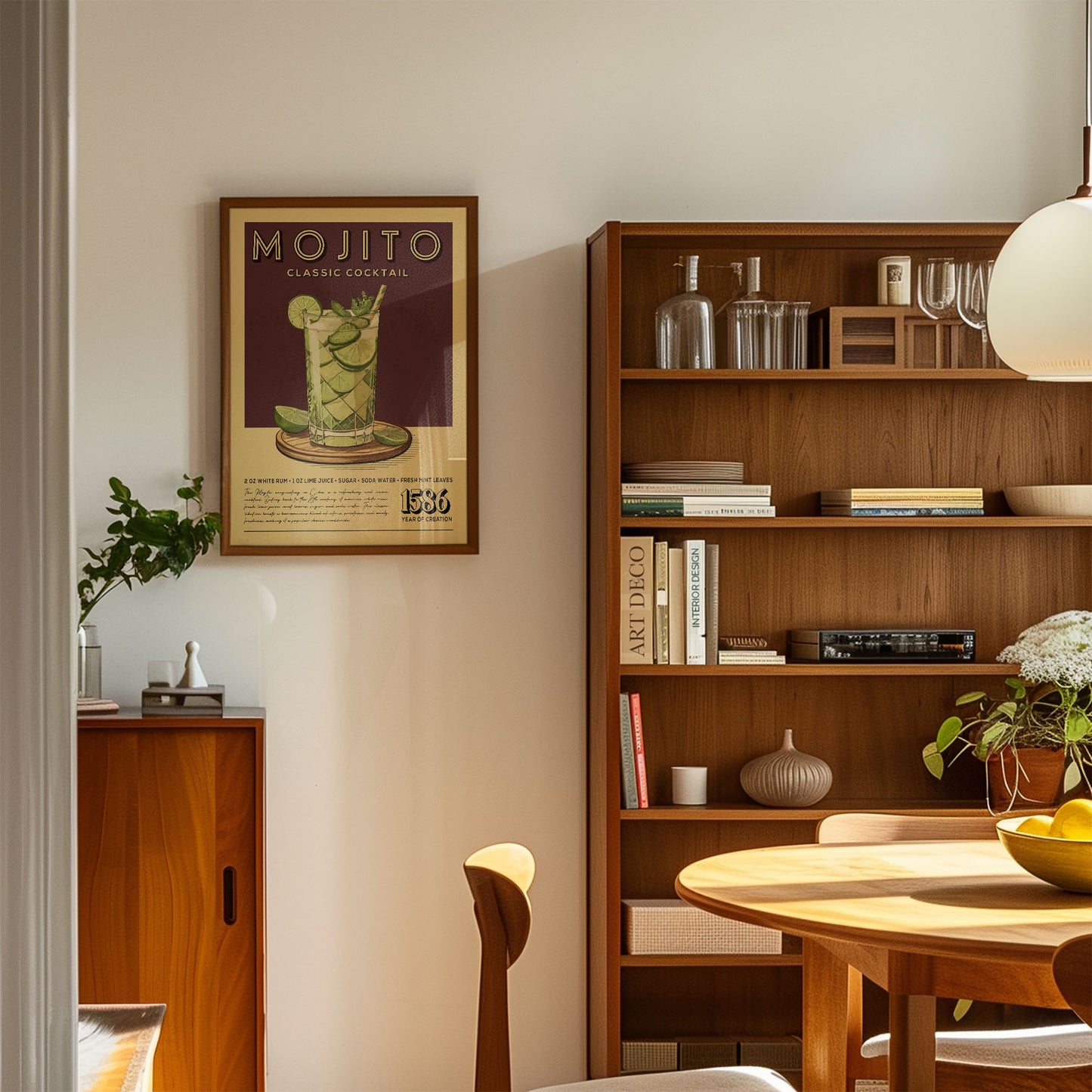 a cozy living room with a wooden bookshelf, a framed poster of a mojito, and a wooden cabinet. The room has a warm and inviting atmosphere, with a dining table and chairs in the foreground.