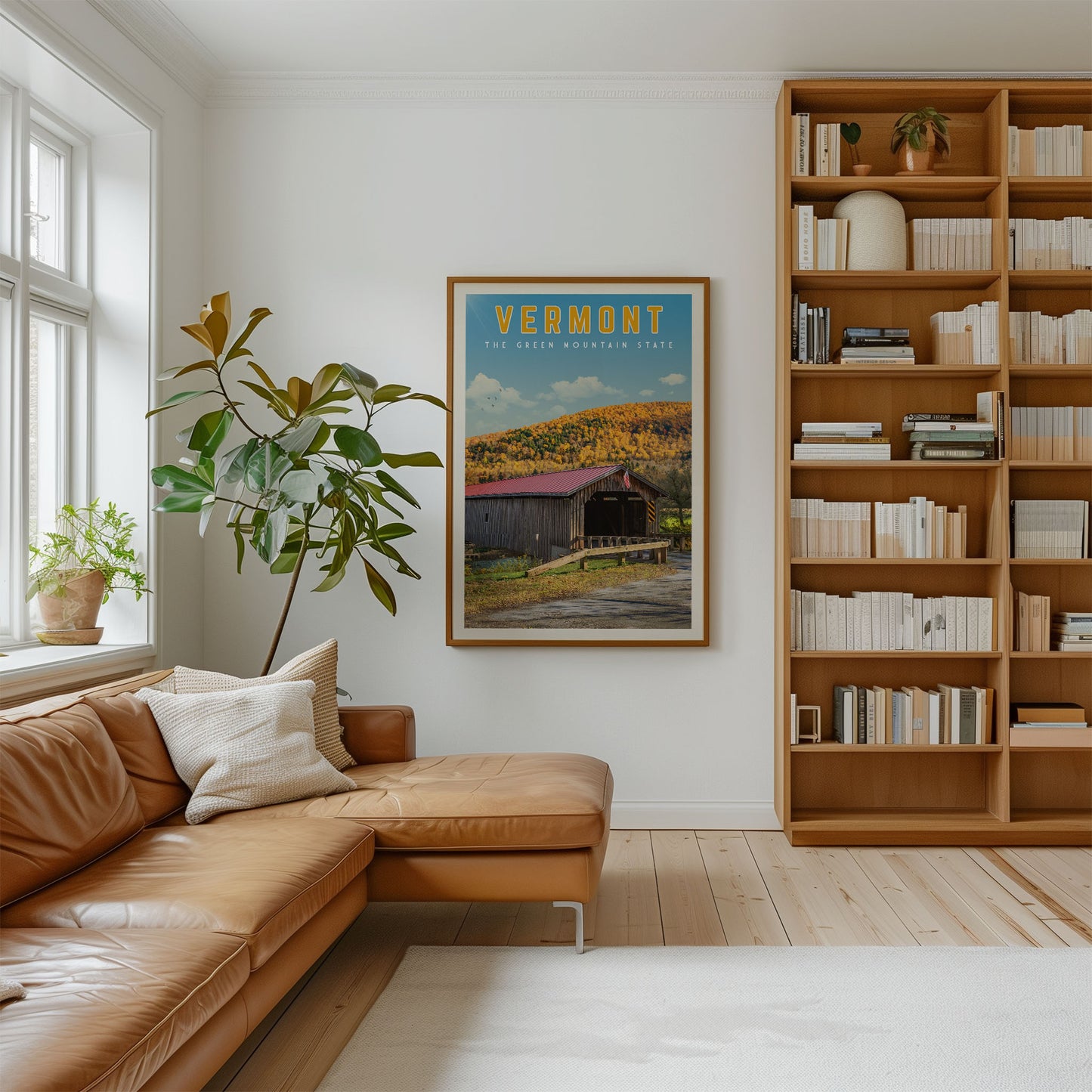a cozy living room with a brown leather sofa, a large bookshelf filled with books, and a framed poster of a scenic mountain landscape hanging on the wall.