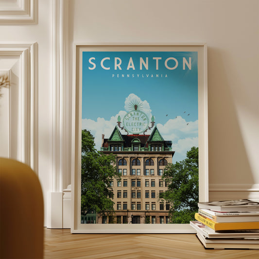 A framed poster of a building with a green roof and a sign that says "Scranton, Pennsylvania" is displayed on a wall.