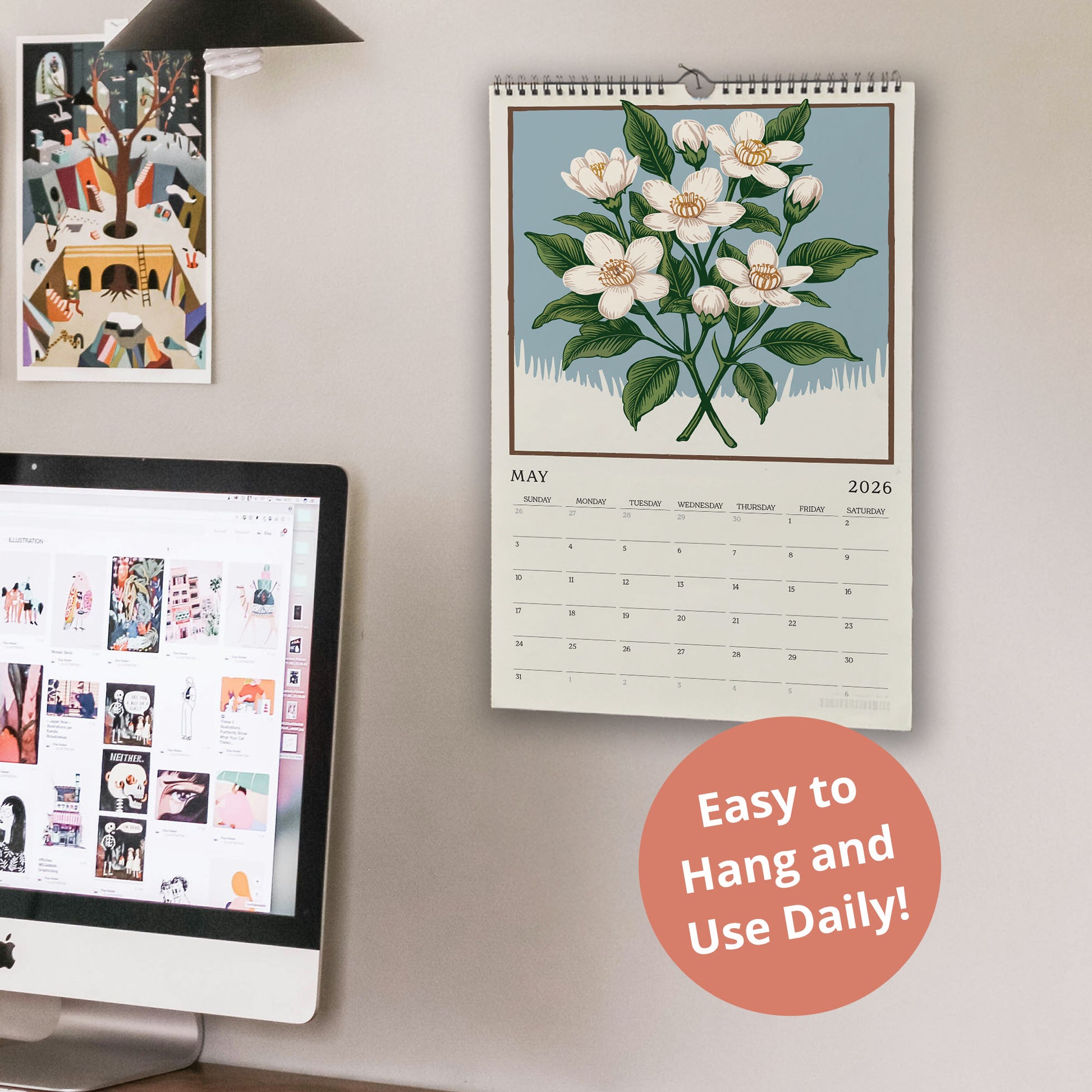 a wall with a calendar and a computer monitor, along with a text overlay that reads "Easy to Hang and Use Daily!"