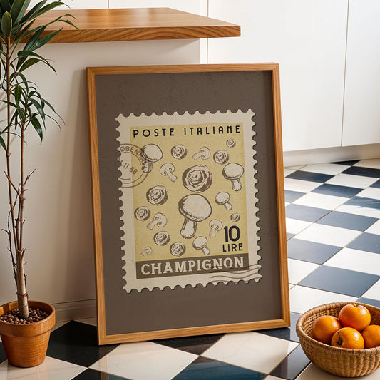 a picture of a poster on a wall next to a basket of oranges