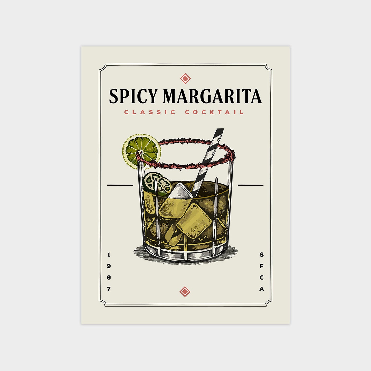 The image is a graphic design of a Spicy Margarita cocktail, featuring a glass with a lemon slice and a straw.