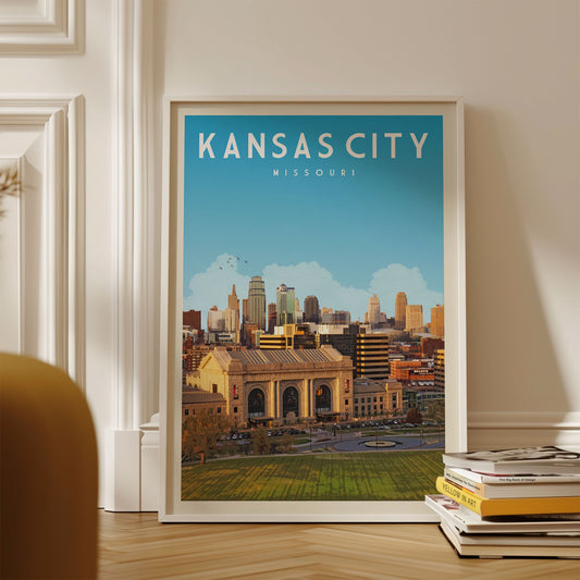 A framed poster of the Kansas City skyline, with the text "KANSAS CITY MISSOURI" prominently displayed.