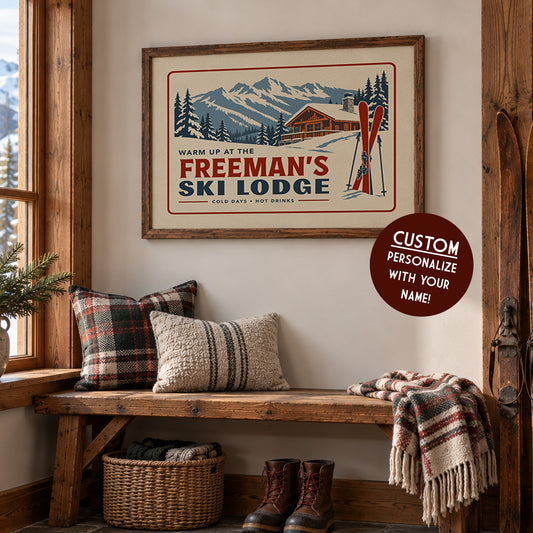 a cozy winter scene with a framed poster of a ski lodge, a wooden bench, and various winter decor items such as a plaid pillow, a blanket, and a pair of boots.