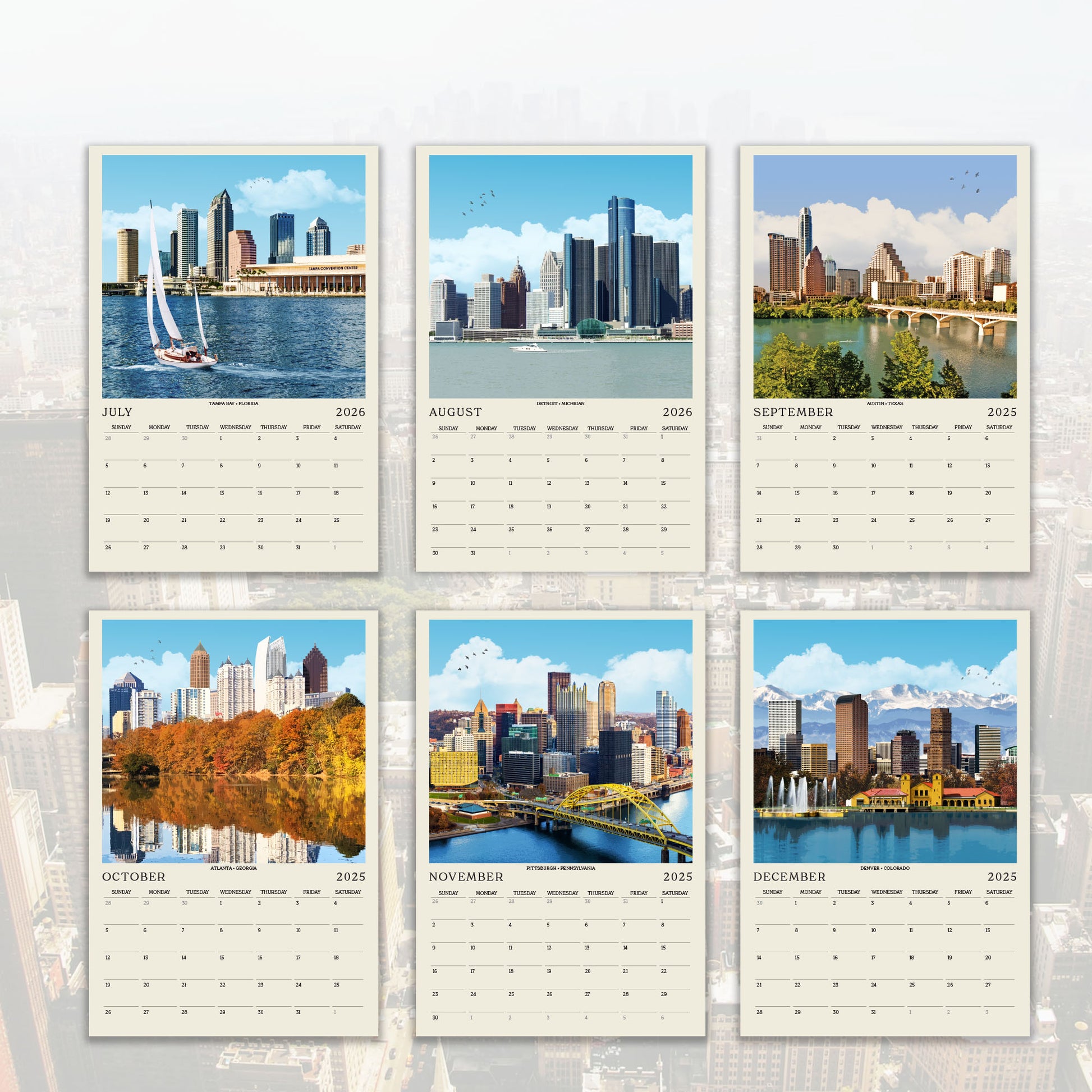 The image is a collage of six calendar pages featuring various cityscapes and landscapes, including skyscrapers, rivers, and mountains.