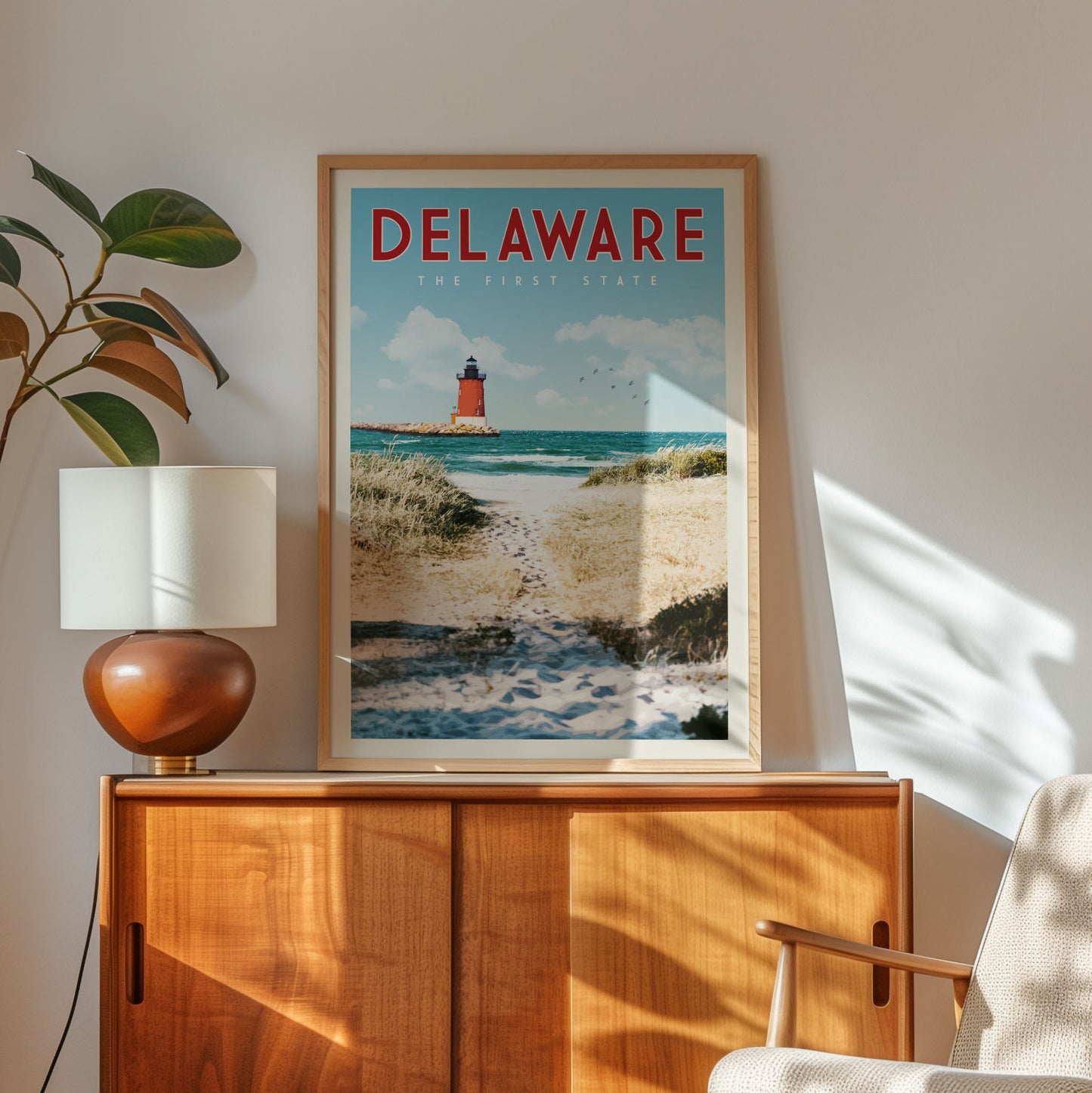 a framed poster of a lighthouse on a beach, with the word "Delaware" written on it. The poster is displayed on a wooden cabinet, and there is a lamp on top of the cabinet.