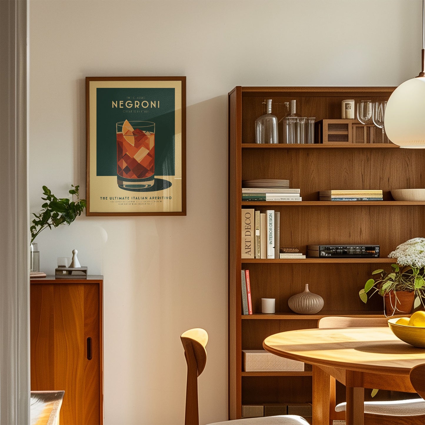 a cozy living room with a wooden bookshelf, a framed poster of a glass of Negroni, and a wooden cabinet.