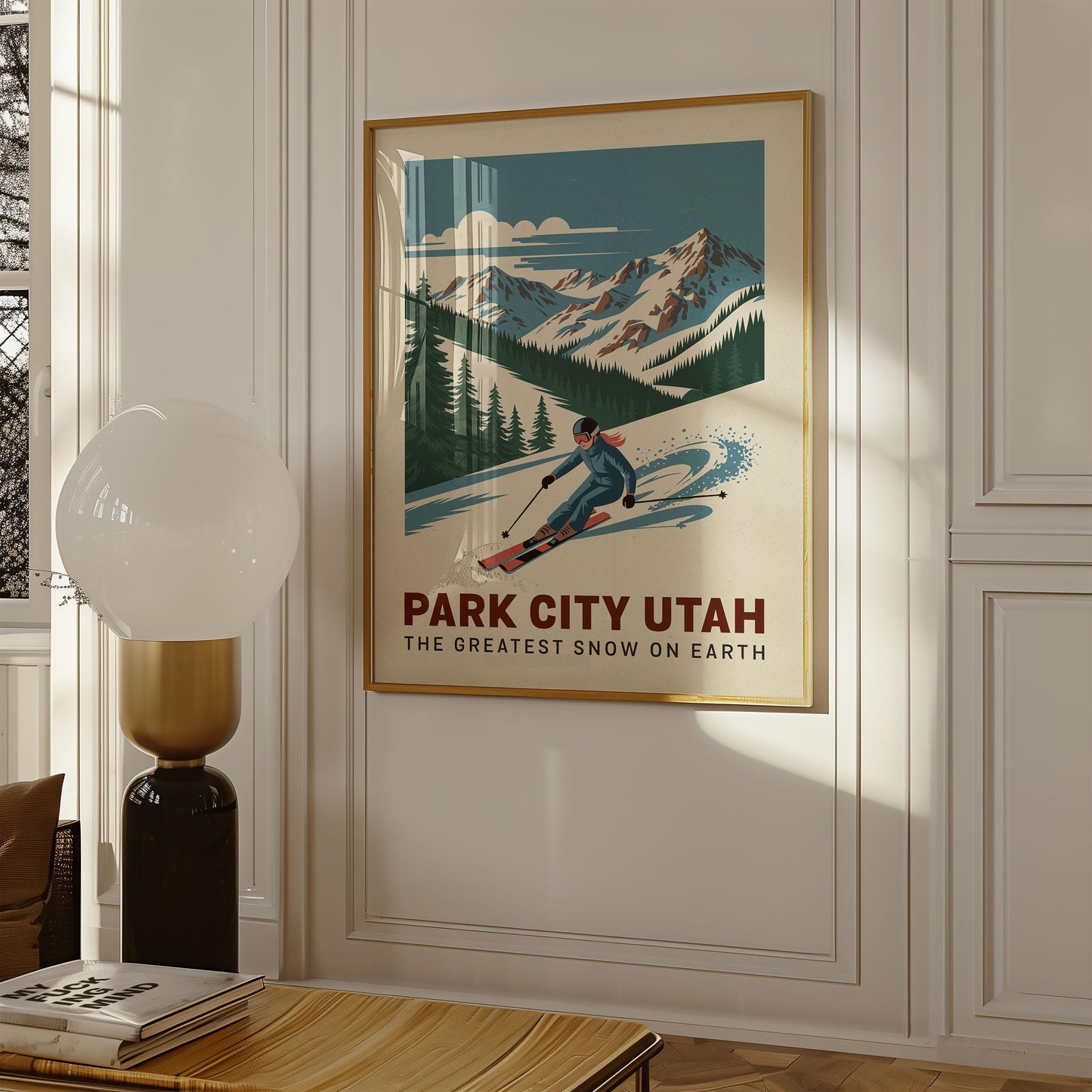 a poster of a skier is hanging on the wall