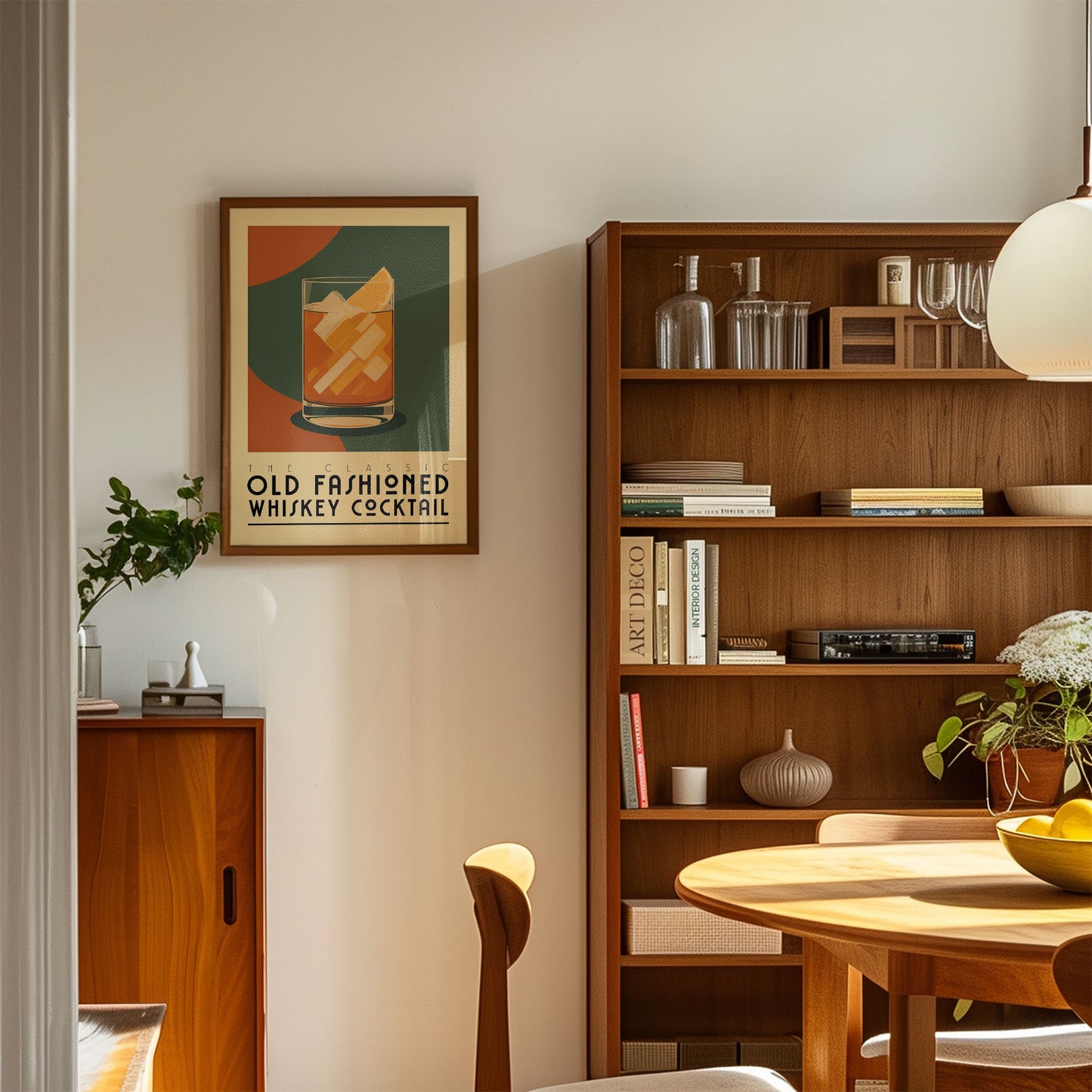 a cozy living room with a wooden bookshelf, a wooden cabinet, and a wooden dining table. A framed poster of a whiskey cocktail is hanging on the wall above the bookshelf, and a potted plant is placed on the floor next to the bookshelf.