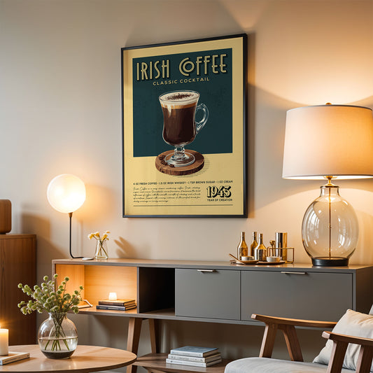 a poster of an Irish Coffee cocktail hanging on a wall in a living room.