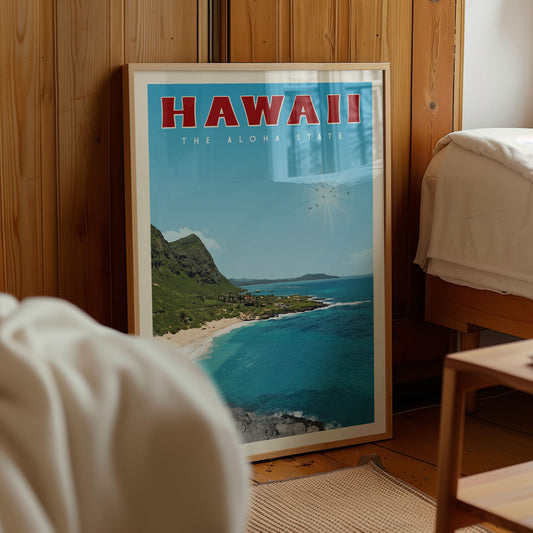 A framed poster of a beach scene in Hawaii, with the text "HAWAII THE ALoha State" prominently displayed.
