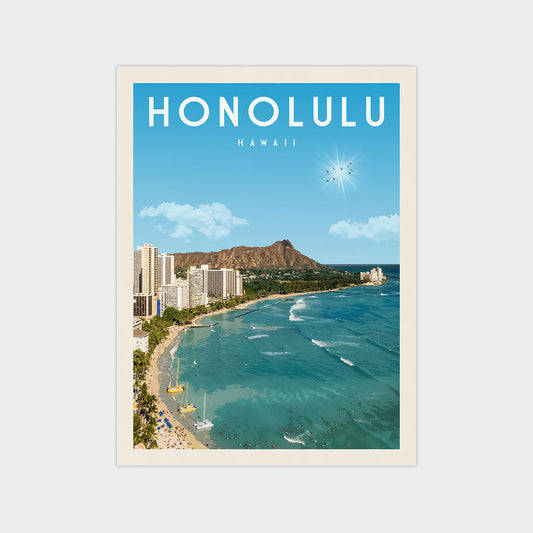 A vintage-style poster depicting the beautiful cityscape of Honolulu, Hawaii, with the iconic Hawaiian volcano in the background and the ocean in the foreground.