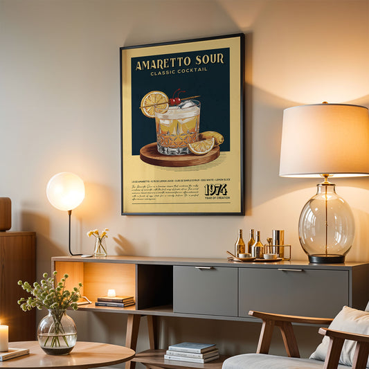 a framed poster of a cocktail on a wall, with a lamp, a vase of flowers, and a bookshelf below it.
