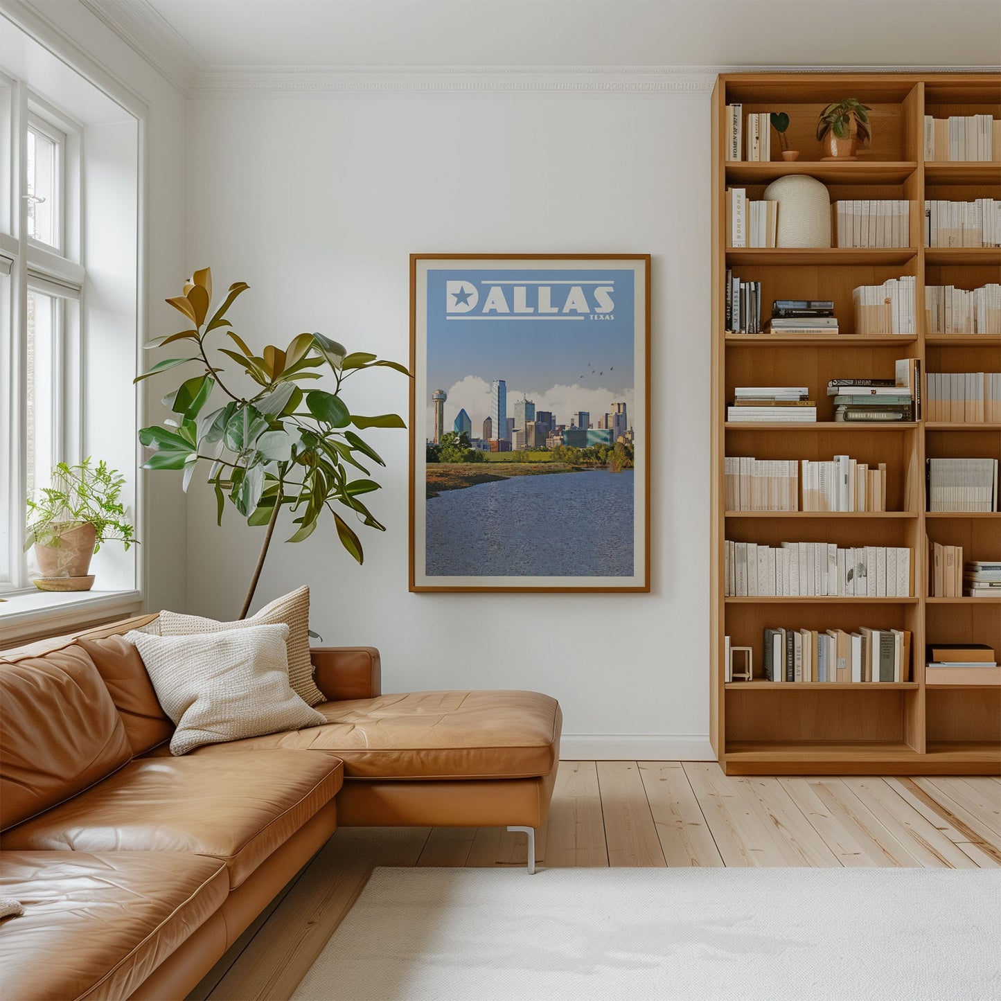 a cozy living room with a large window, a comfortable leather couch, a bookshelf filled with books, and a framed poster of the Dallas skyline hanging on the wall.