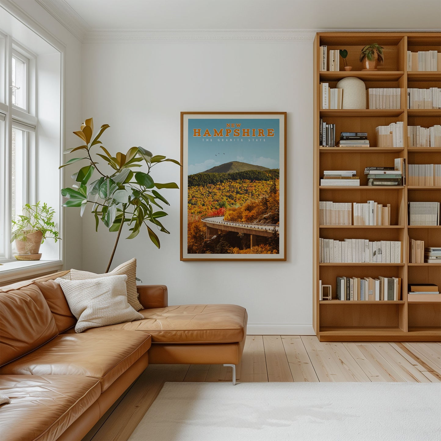 a cozy living room with a large bookshelf filled with books, a comfortable leather couch, and a framed poster of a scenic autumn landscape hanging on the wall.