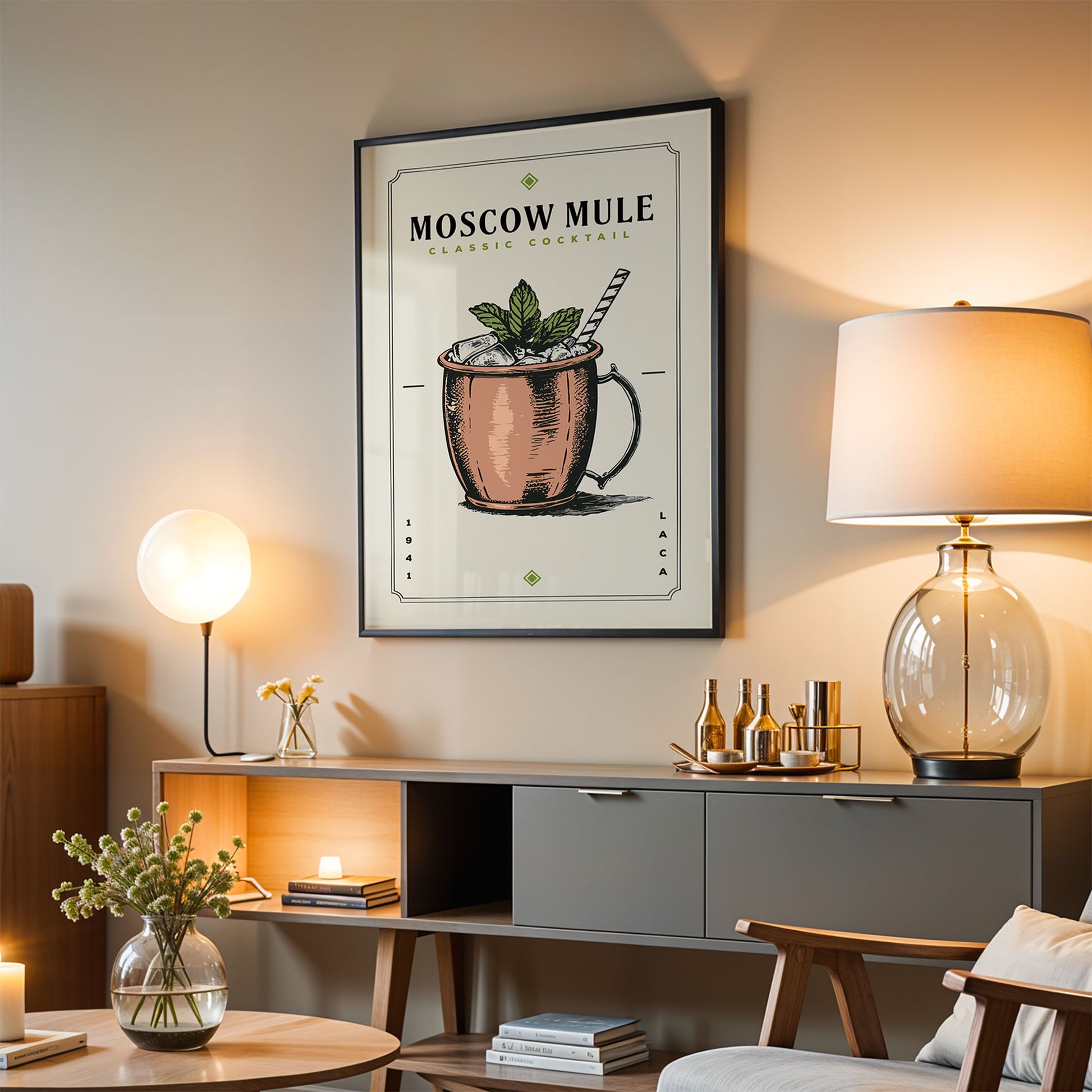 a living room with a framed poster of a Moscow Mule cocktail hanging on the wall. The poster displays a copper mug filled with a Moscow Mule drink, accompanied by a straw and a mint leaf. The room is furnished with a wooden cabinet, a lamp, and a chair, creating a cozy and inviting atmosphere.