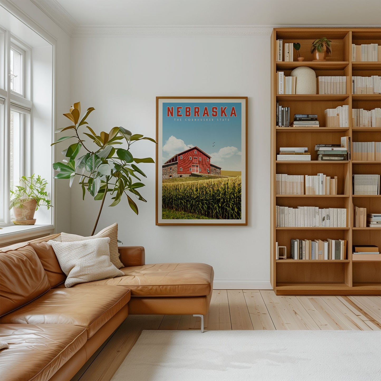 a cozy living room with a brown leather sofa, a large window, a bookshelf filled with books, and a framed poster of a red barn in Nebraska.