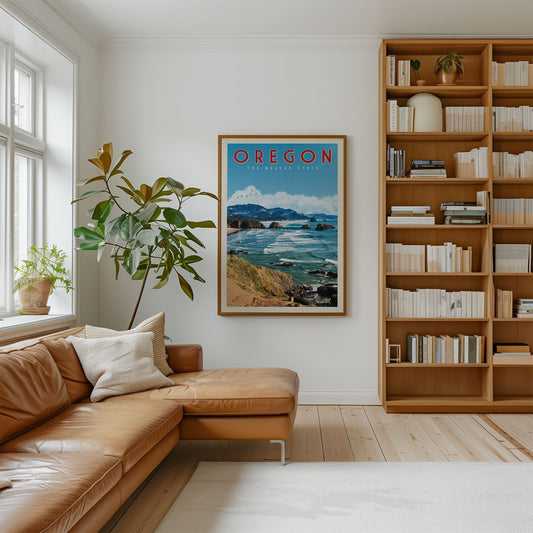 a cozy living room with a large window, a brown leather couch, a framed poster of the Pacific Northwest, and a bookshelf filled with books.