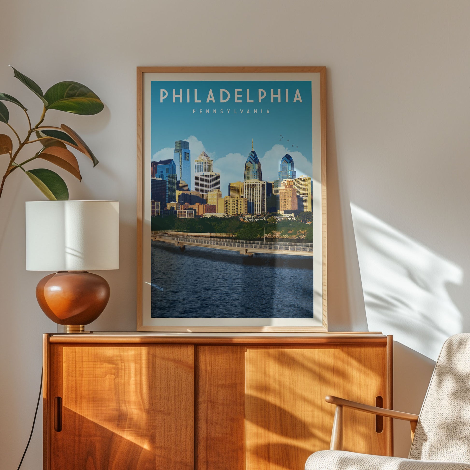 a framed poster of Philadelphia, Pennsylvania, with a cityscape and a river in the background. The poster is displayed on a wooden cabinet, and there is a lamp and a plant nearby.