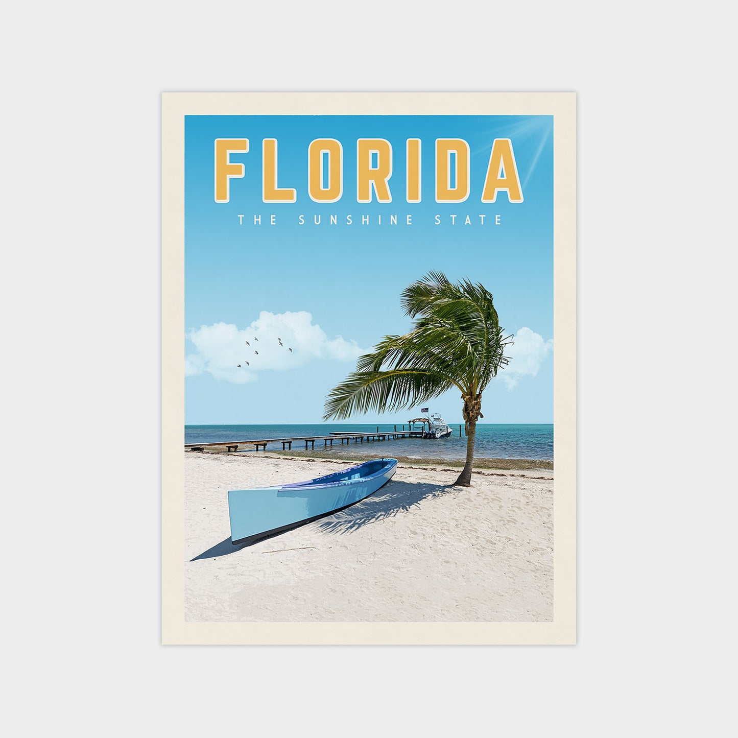 A vintage-style poster depicting a beach scene with a palm tree, a blue boat, and a pier in the background, along with the text "FLORIDA THE SUNSHINE STATE".