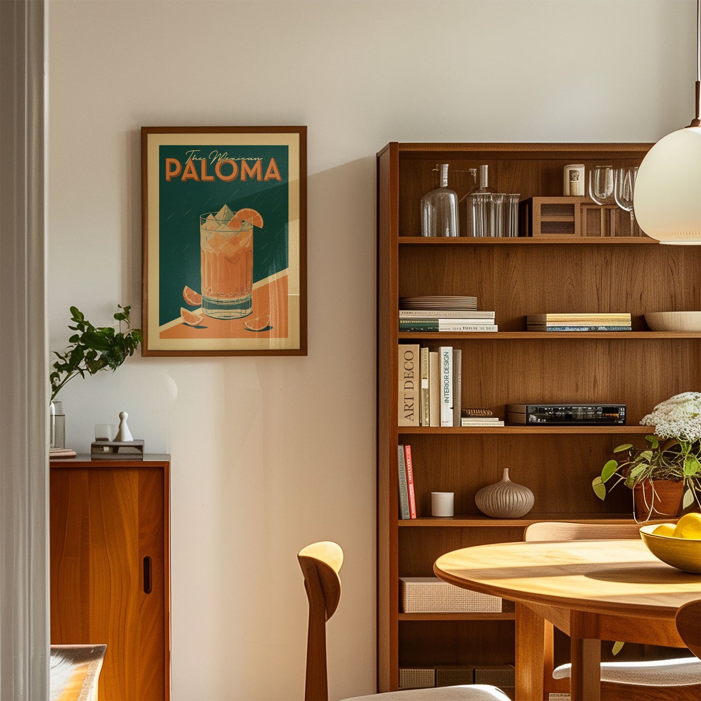 a cozy living room with a wooden bookshelf, a framed poster of a cocktail, and a wooden cabinet. The room has a warm and inviting atmosphere, with natural light streaming in from the window.