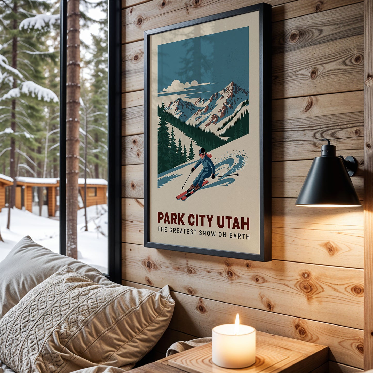 A framed poster of a skier in a snowy mountain landscape hangs on a wooden wall, with a cozy fireplace and a lit candle in the foreground.