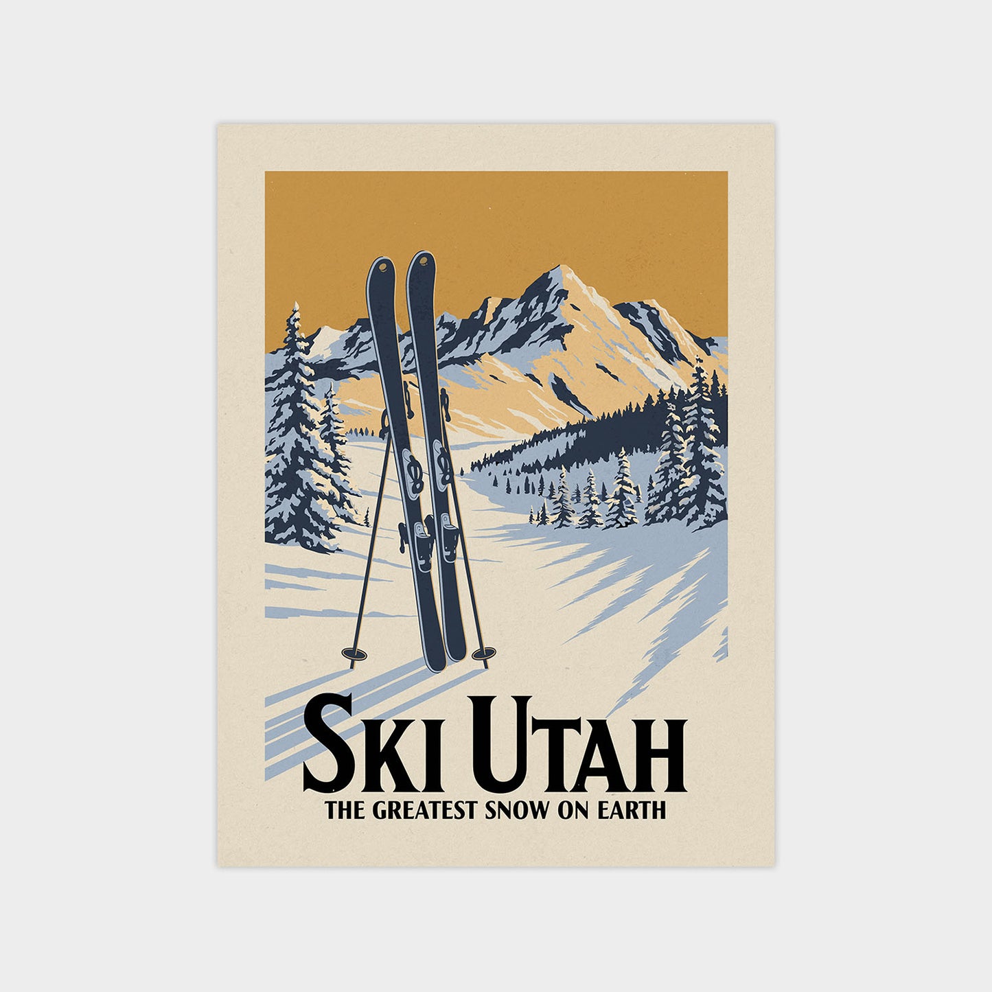 a poster of skis on a snowy mountain