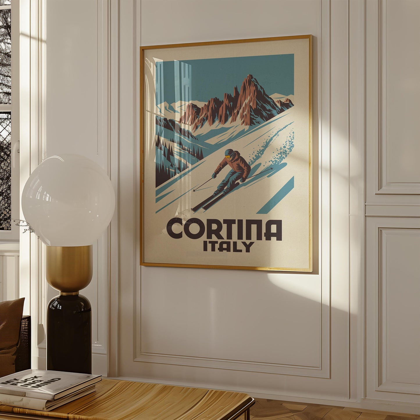 a poster hangs on the wall of a living room