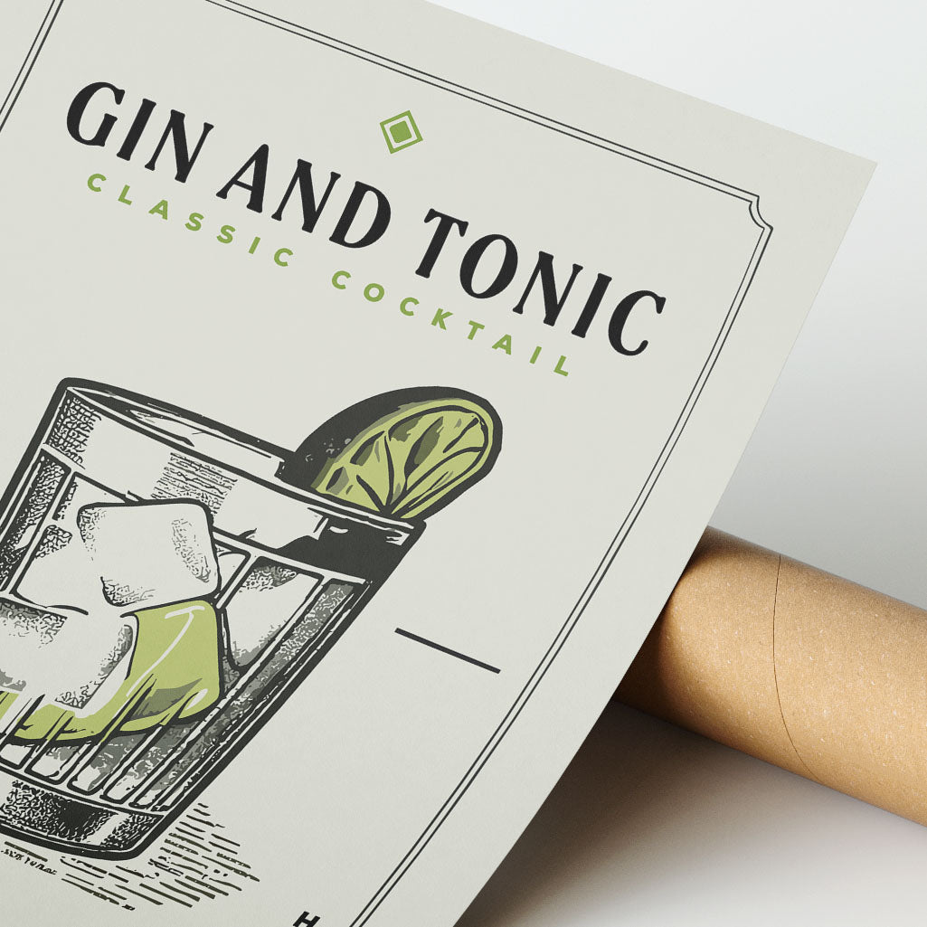 a close-up of a cocktail glass with ice cubes and a lime wedge, along with the text "GIN AND TONIC CLASSIC COCKTAIL" printed on a paper or card.