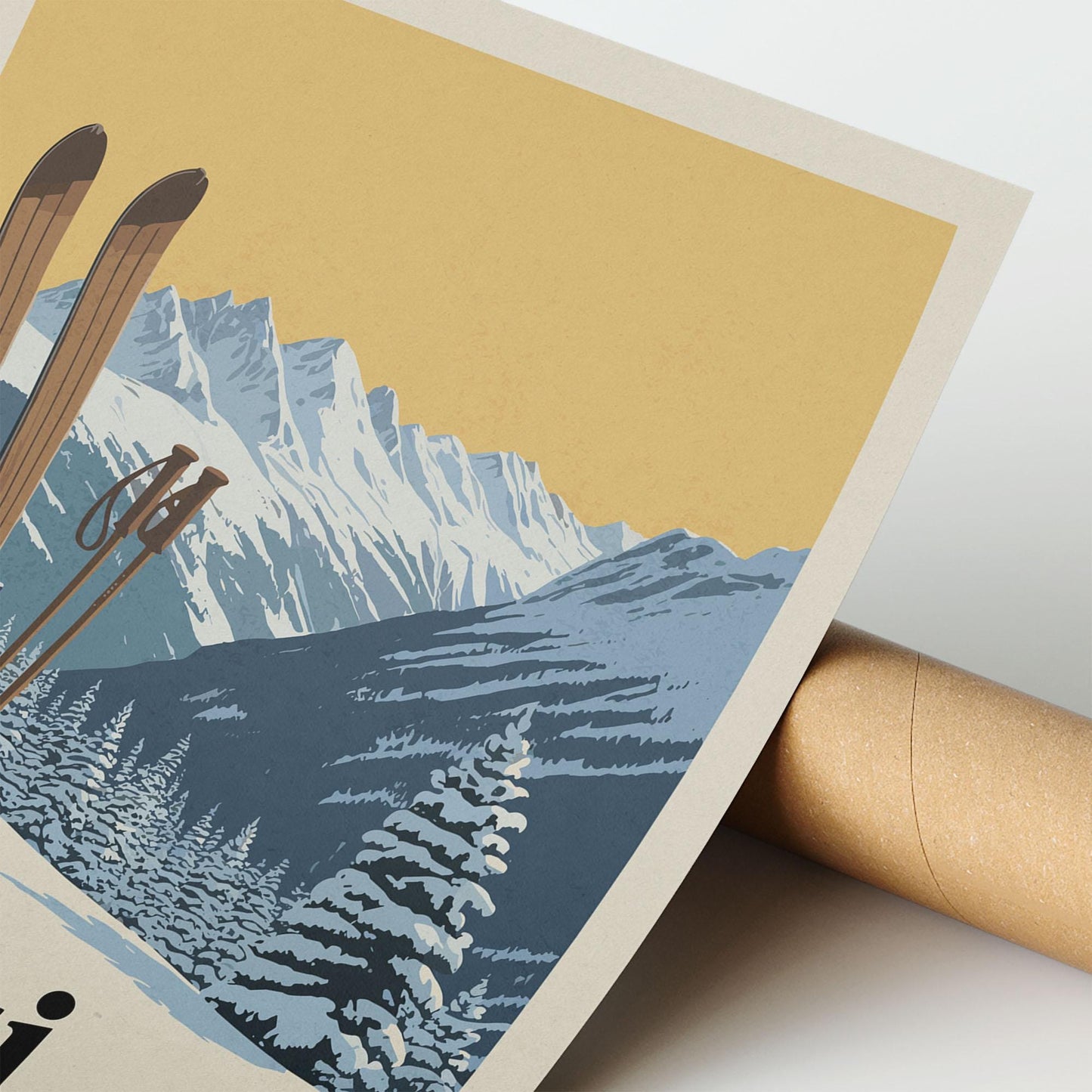 A vintage-style illustration of a snowy mountain landscape with ski equipment in the foreground.