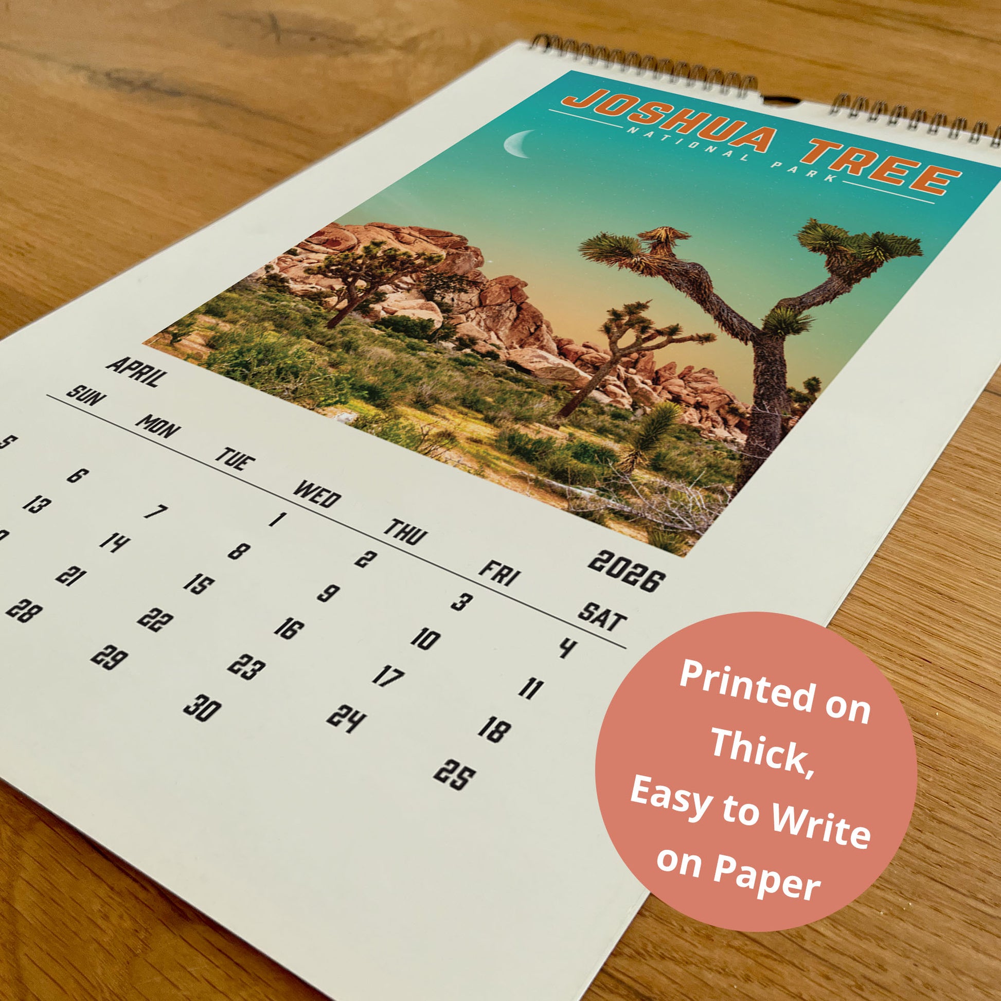 A calendar for Joshua Tree National Park, featuring a desert landscape with a crescent moon and a desert tree.