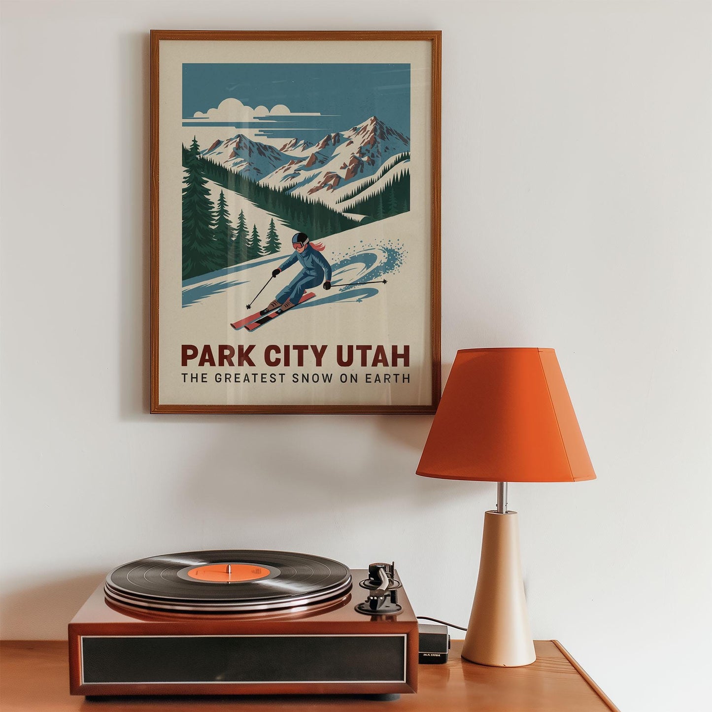 a record player sitting on top of a wooden table