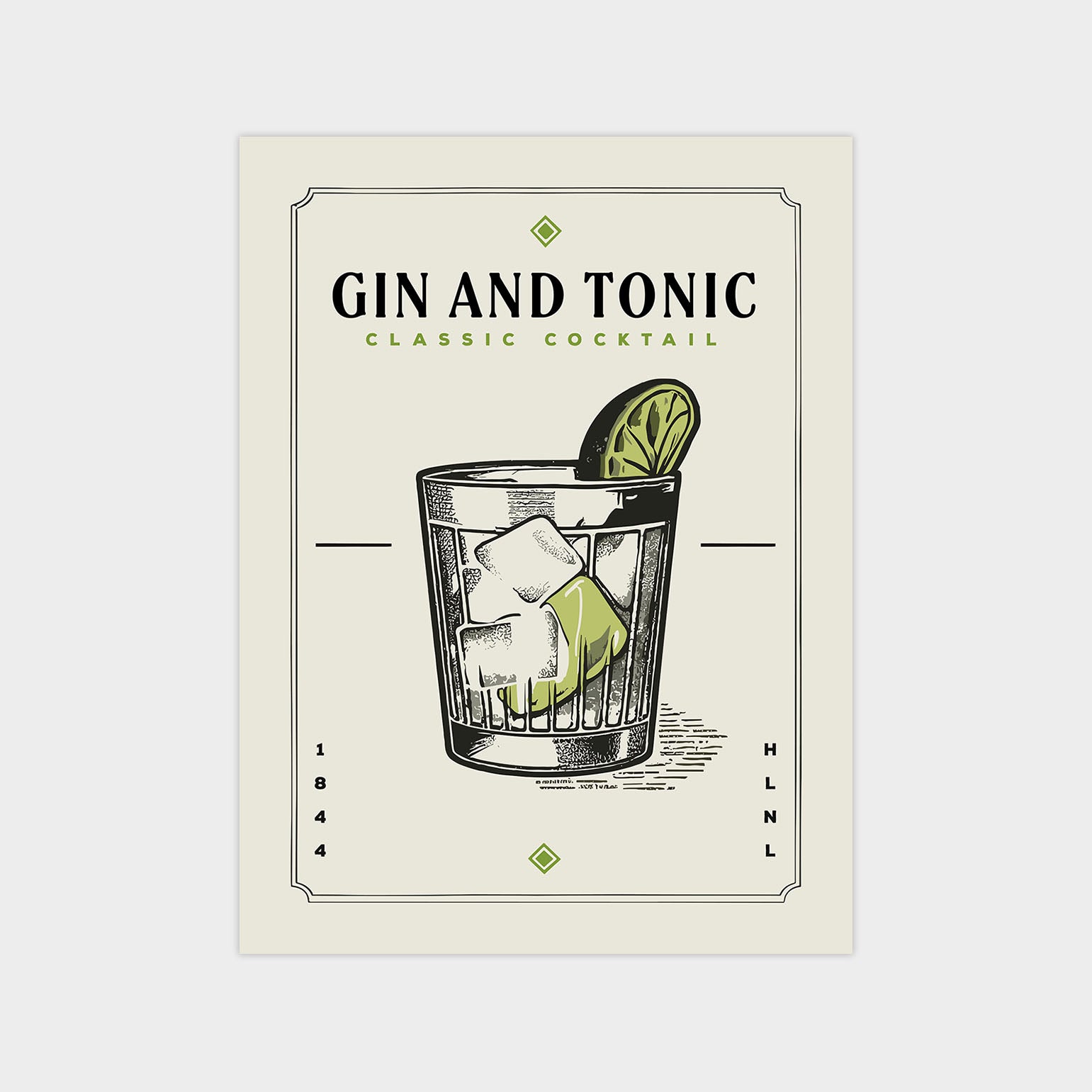 The image is a graphic design of a classic cocktail, featuring a glass with ice and a lime slice, accompanied by the text "GIN AND TONIC CLASSIC COCKTAIL".