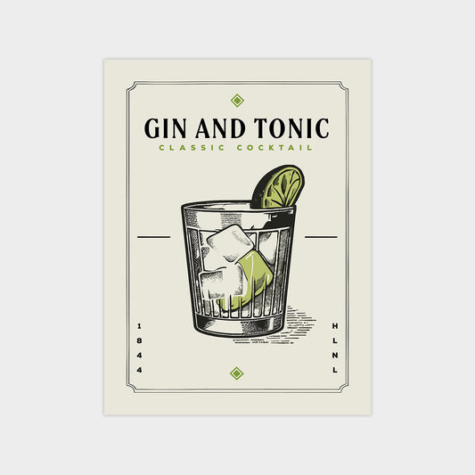 The image is a graphic design of a classic cocktail, featuring a glass with ice and a lime slice, accompanied by the text "GIN AND TONIC CLASSIC COCKTAIL".