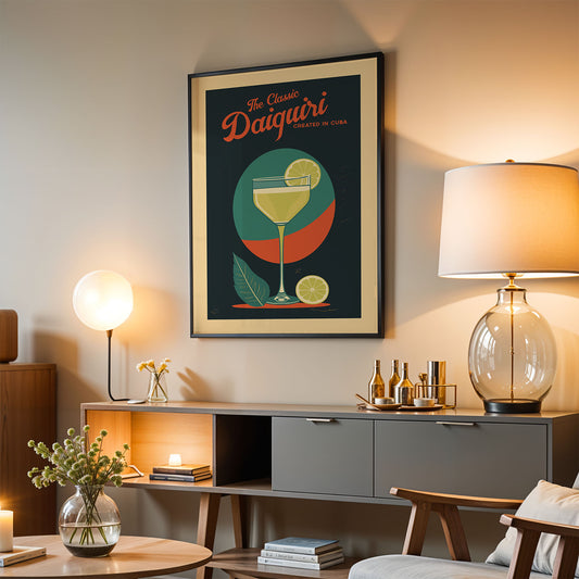 a framed poster of a daiquiri cocktail on a wall in a living room setting.