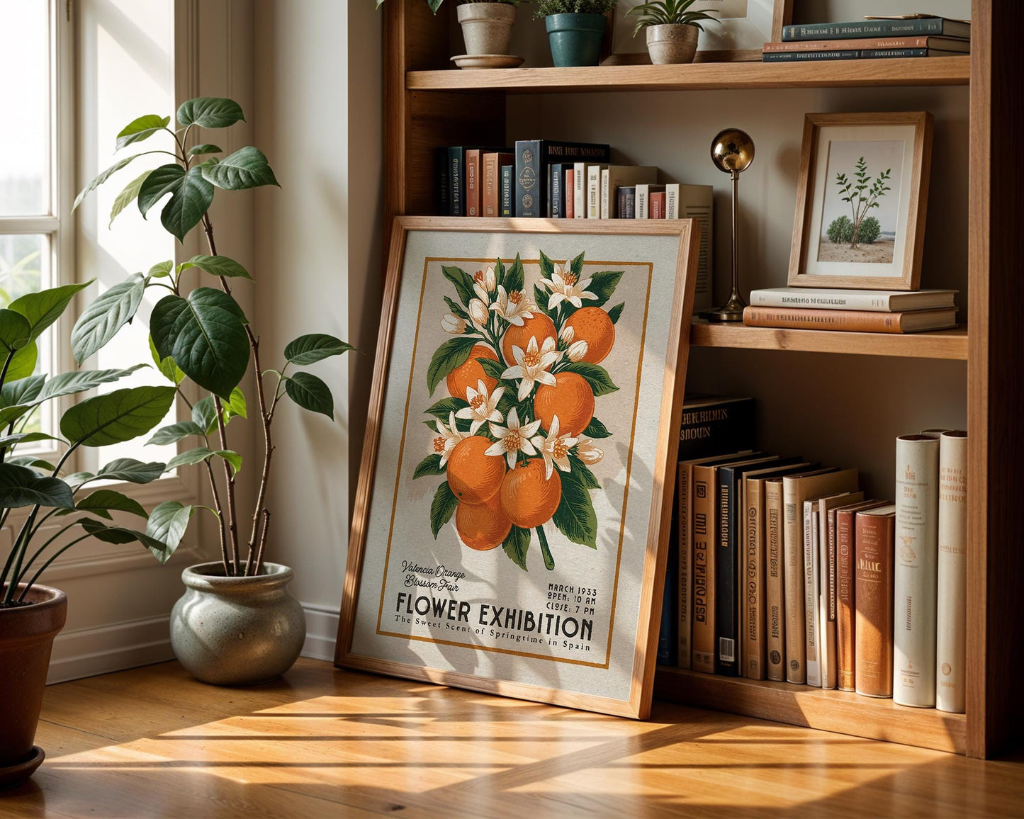 a picture of an orange flower exhibition on a shelf next to a potted plant
