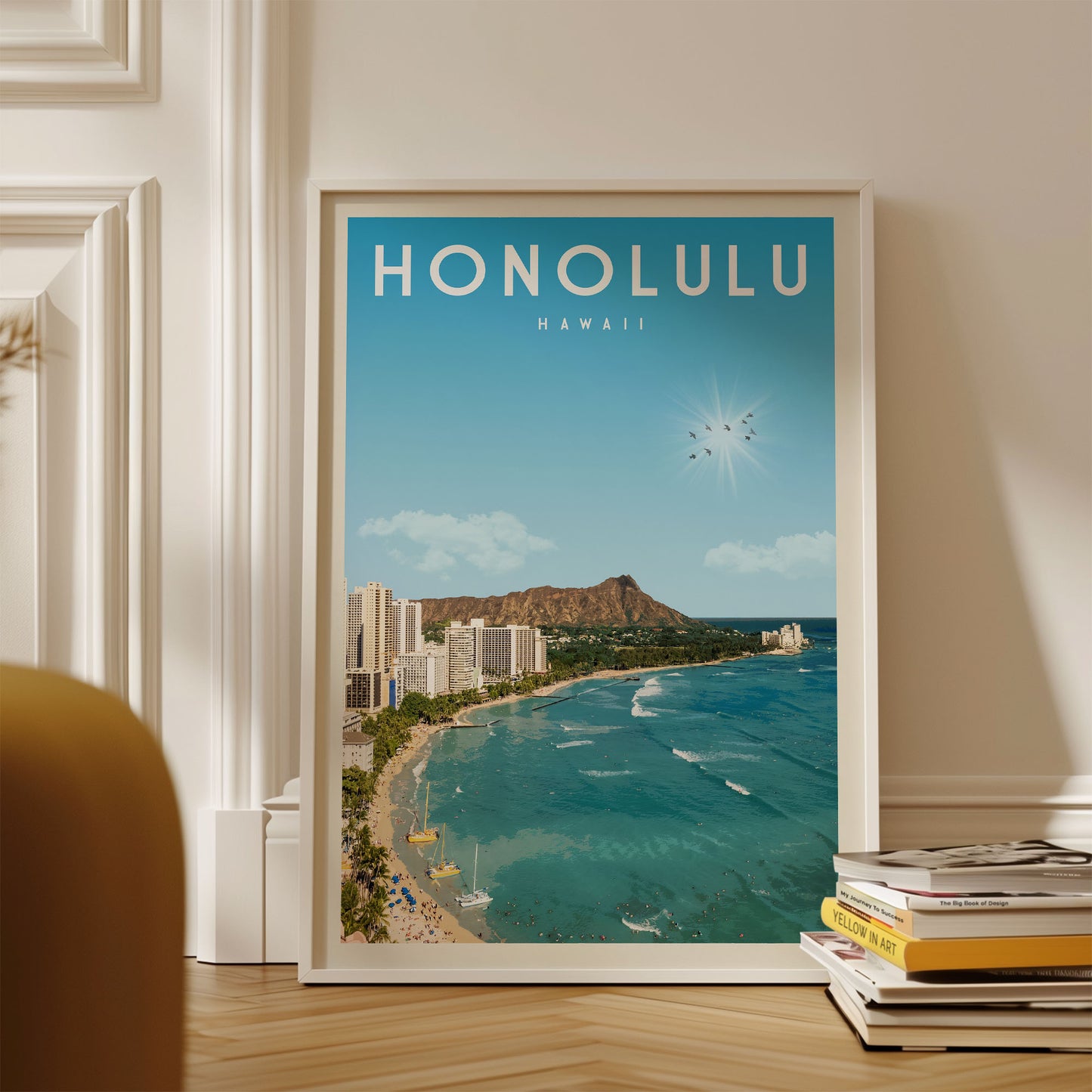 A framed poster of the Hawaiian island of Honolulu, Hawaii, featuring a beach and ocean view.
