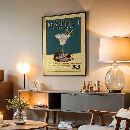 a poster of a classic martini cocktail hanging on a wall in a living room setting.