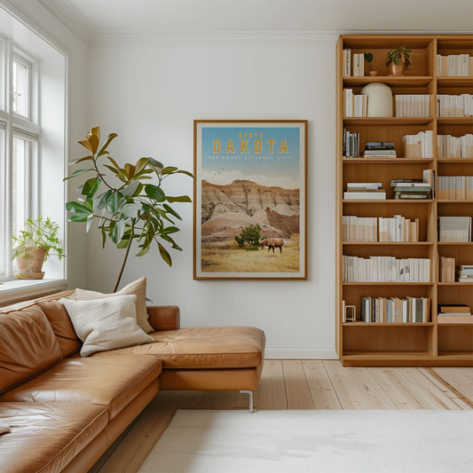 a cozy living room with a large bookshelf filled with books, a comfortable leather couch, and a framed poster of a scenic landscape hanging on the wall.