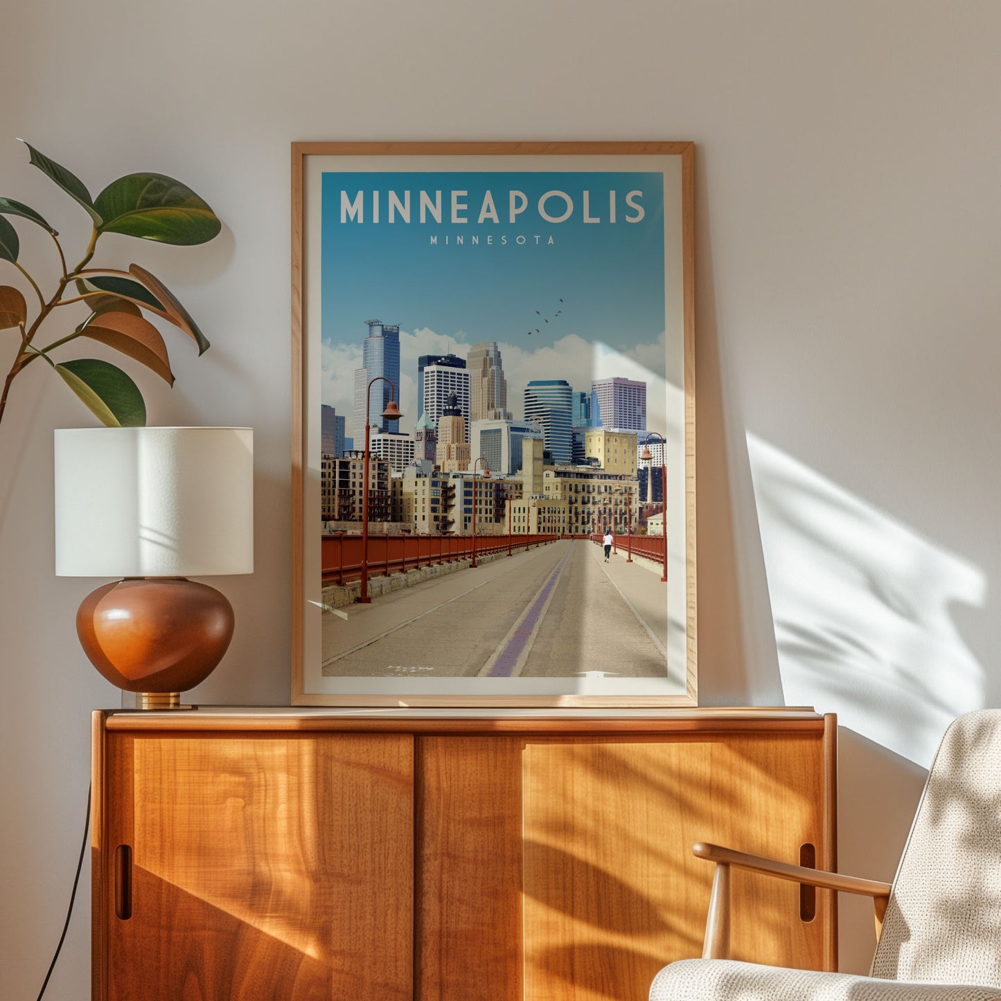 a framed poster of the Minneapolis skyline, with a wooden cabinet and a lamp in the foreground.