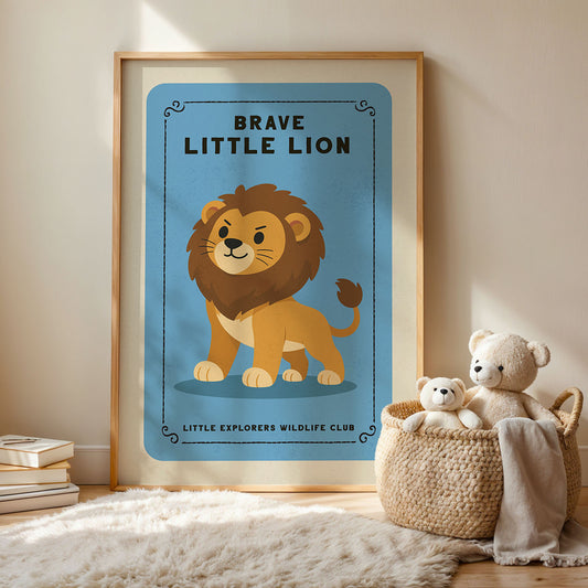 a framed poster of a lion, a stuffed bear, and a woven basket with a blanket, all placed on a rug.