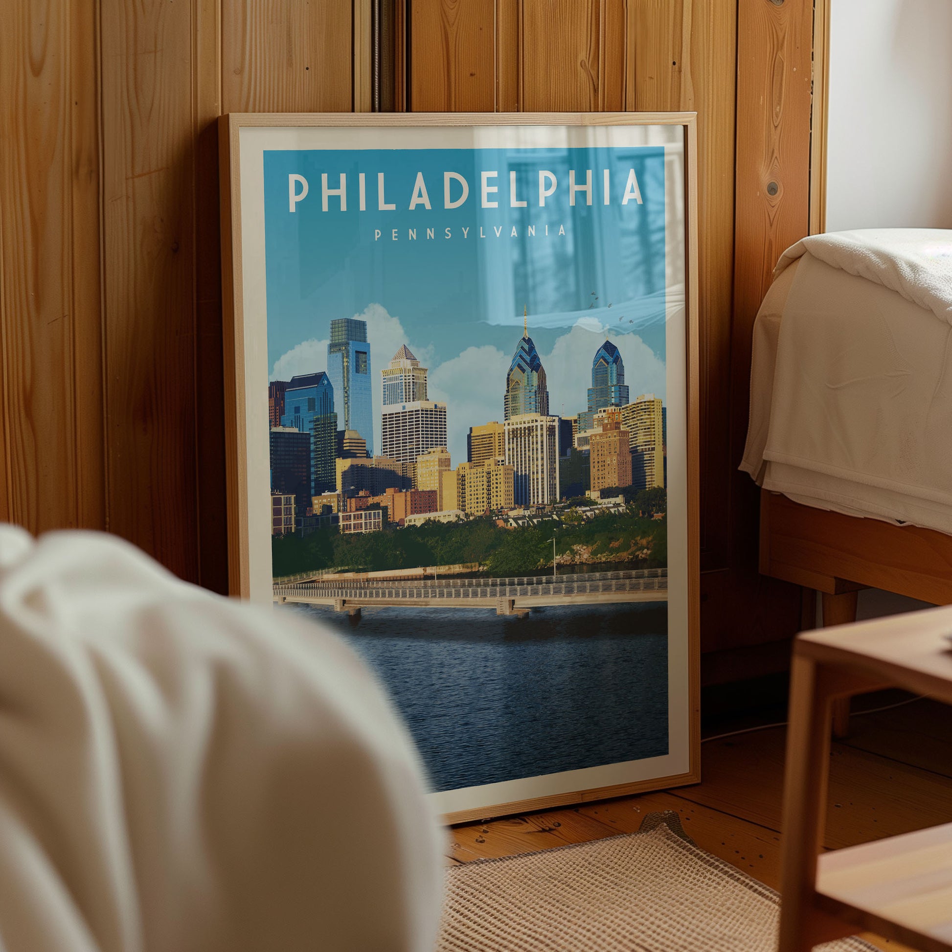 A framed poster of the Philadelphia skyline, featuring the city's iconic buildings and landmarks, is displayed in a room with wooden paneling.