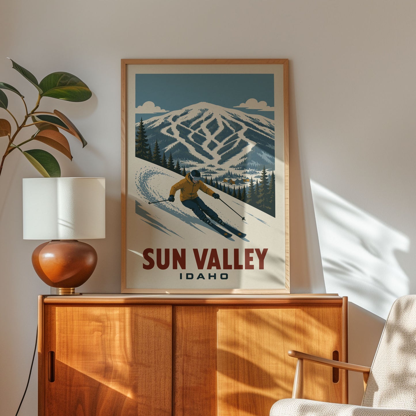 a framed poster of a skier in the Sun Valley, Idaho, with a mountain landscape in the background.