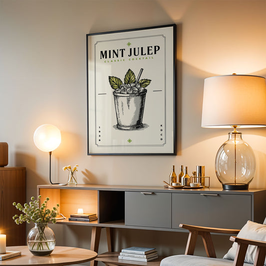 a living room with a framed poster of a mint julep cocktail hanging on the wall, a wooden cabinet, a lamp, and a vase with flowers.