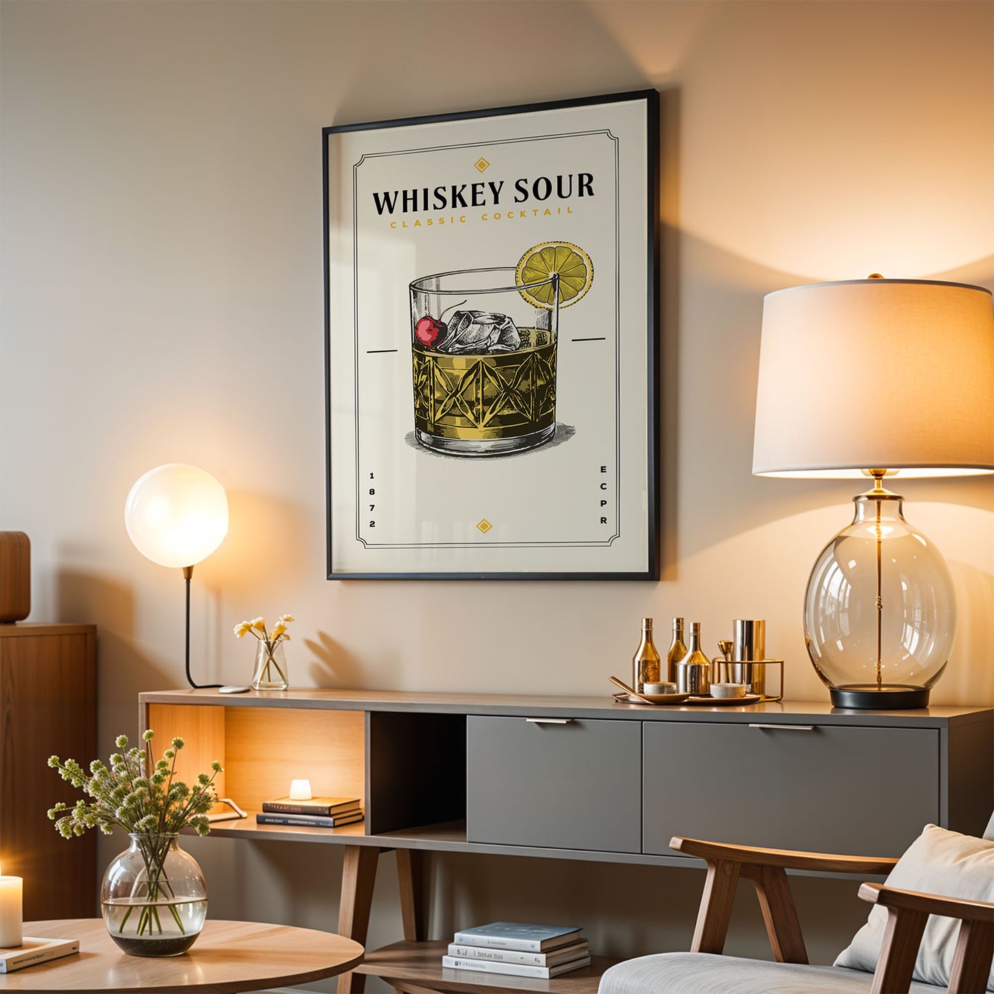a living room with a framed poster of a whiskey sour hanging on the wall, a wooden cabinet below it, and a lamp on a side table.
