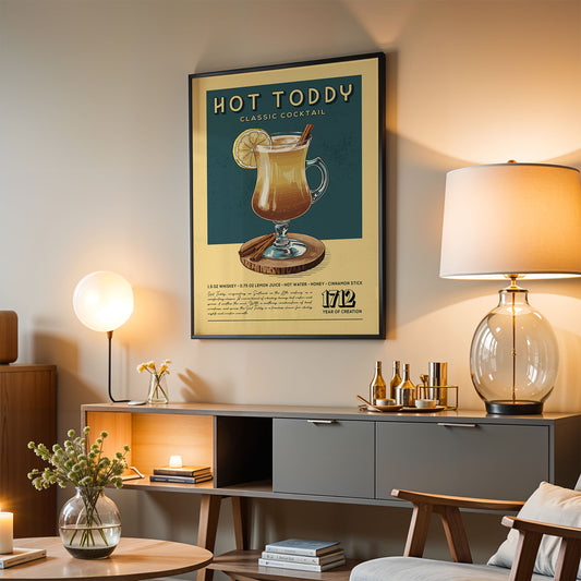 a poster of a cocktail called "Hot Toddy" hanging on a wall in a living room.