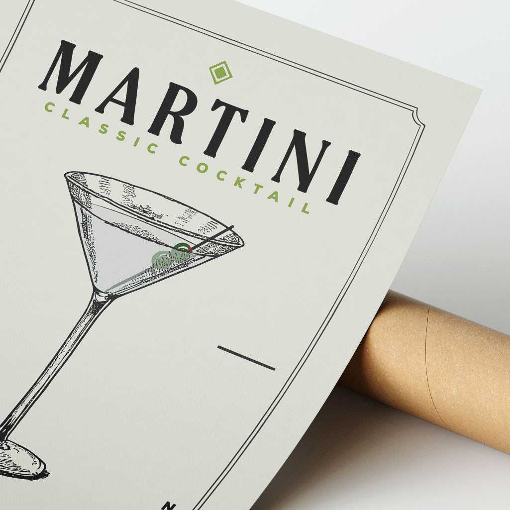 a close-up of a cocktail glass with a martini cocktail, along with the text "MARTINI CLASSIC COCKTAIL" printed on a paper or poster.
