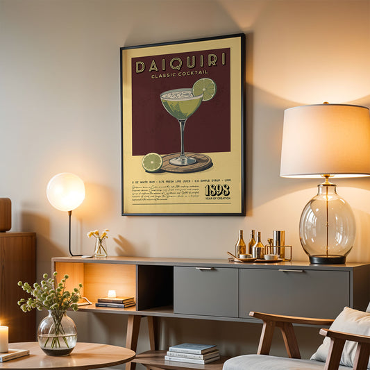 a framed poster of a Daiquiri cocktail hanging on a wall in a living room.
