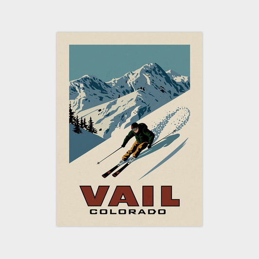 a poster of a skier skiing down a mountain