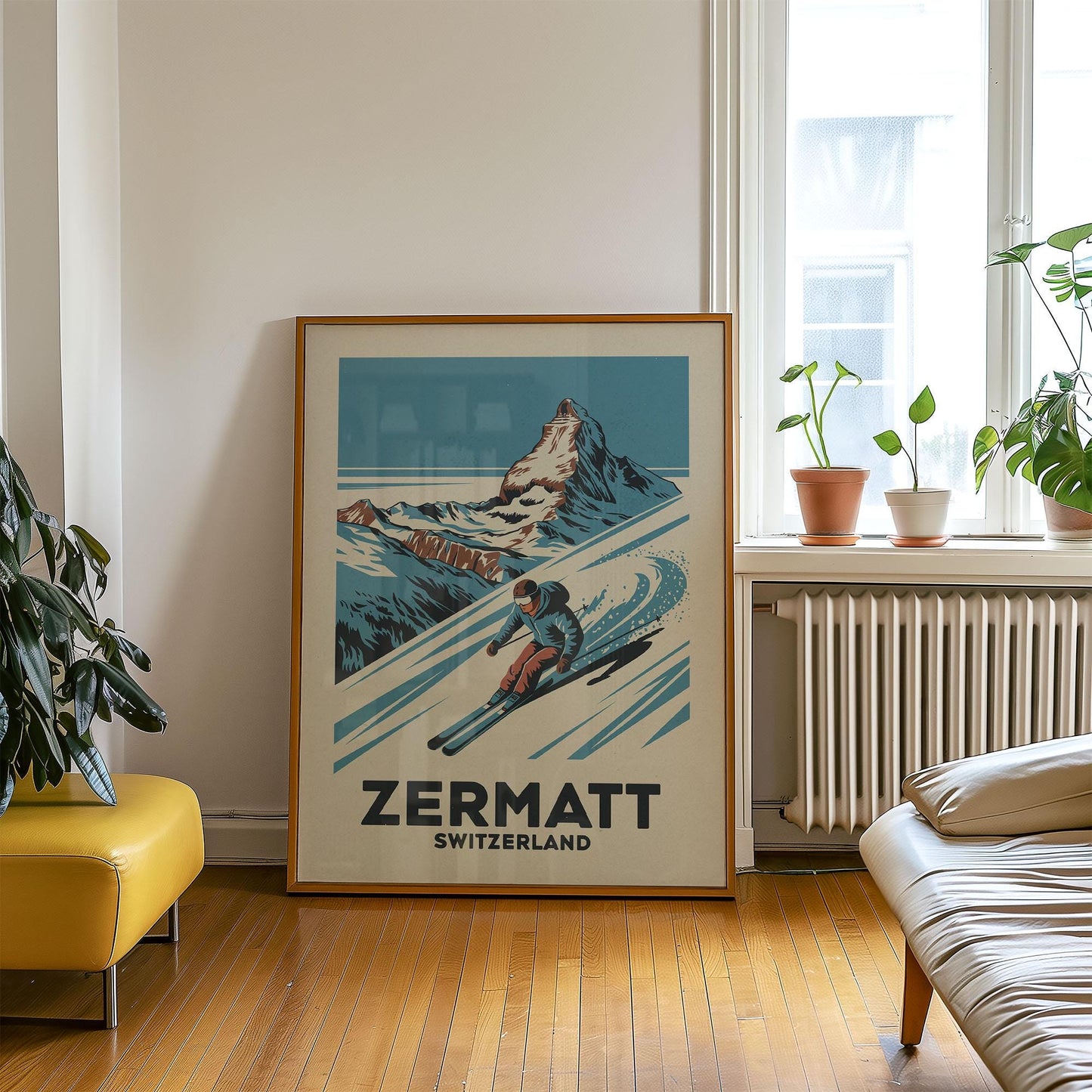 a poster of a skier on a snowy mountain